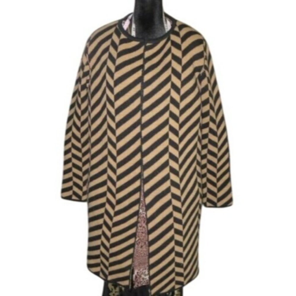 Cocogio Italian Wool Alpaca Blend Open Front Sweater Coat Black & Tan sz M/L NWT